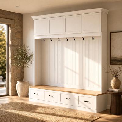 Timechee "Large Closet Cabinet Entryway Hall Tree with Bench and Storage, 98.8"" Mudroom Coat Rack Cabinet with 8 Hooks"