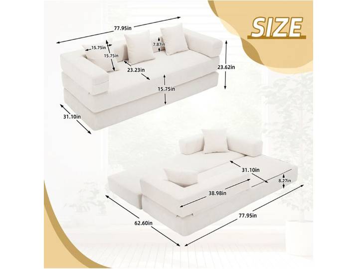 ROVRYN canape modulable 2 places en chenille beige convertible avec poches laterales base antiderapante