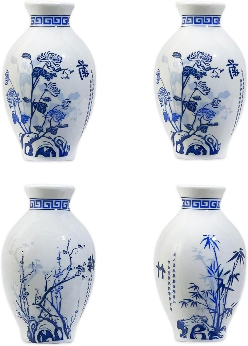 Set van 4 Mini Keramische Vaasjes - Koelkastmagneten - Blauw Wit Porselein