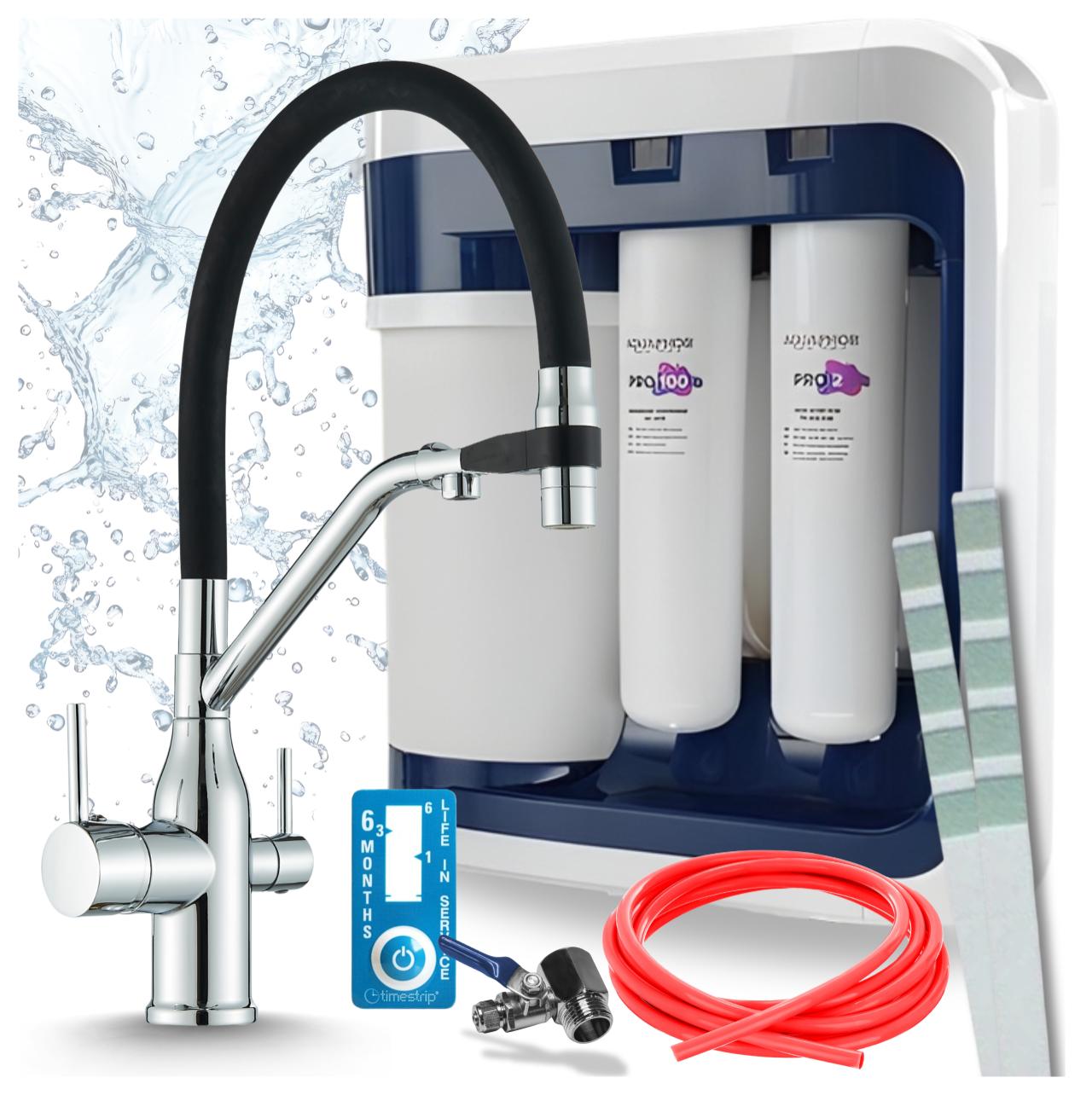 Trinkwasserfiltersystem Mit 3-Wege-Küchenarmatur Ari Magneto, Umkehrosmose, Keramikkartusche, Perlator, 360 Grad Schwenkbar, Messing, Chrom