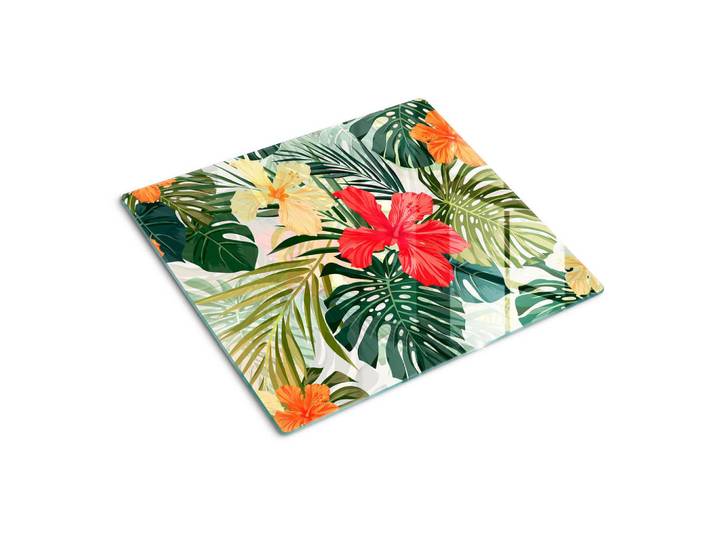 Tulup Glasplatte 60x52 cm Hawaiianische Blumen, Mehrfarbig, Glas, 60x0.4x52 cm, Küchen, Küchenelektrogeräte, Herde, Herdabdeckplatten