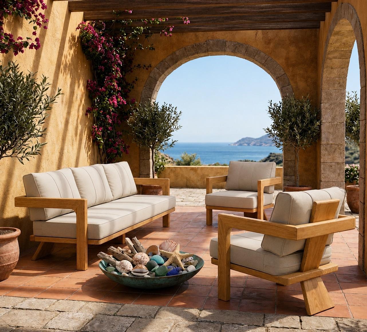 Gartenlounge Set 3-Sitzer Sofa Sessel Beige Kissen Modern Komfort