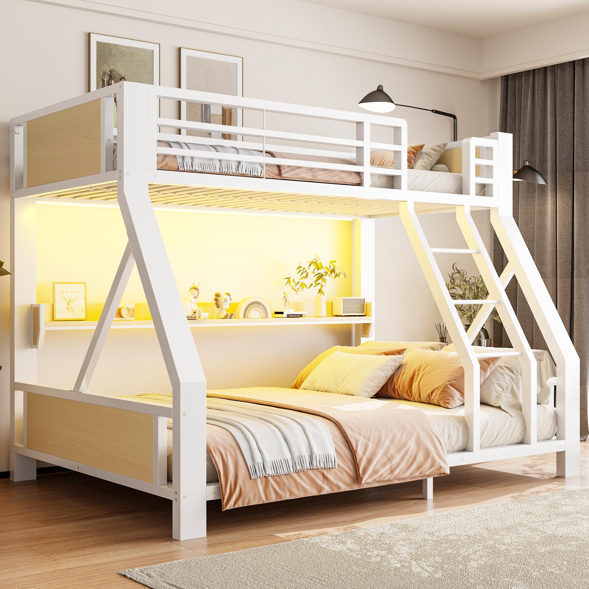 Merax Metall-Etagenbett 90×200cm und 140×200cm mit LED, Kinderbett mit Ablagefach, Eisen-Holz-Gestell, Einzelbett oben, Doppelbett unten, Weiß