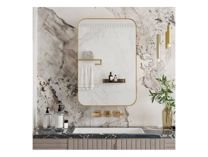 Celya Spiegelschrank Moderner Wand-Badezimmerschrank,Rechteckiger Spiegelschrank (für Bad, Wohnzimmer und Schlafzimmer, Spiegelschrank mit Stauraum) Metallrahmen-Schrank mit Spiegel & einstellbaren Shelves,Gold