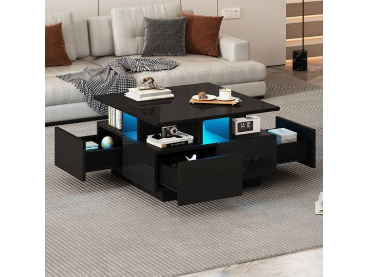 Table basse 70 cm de salon table basse carré table basse avec LED table basse moderne avec 4 tiroirs design géométrique noir