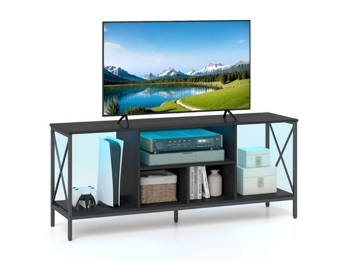 COSTWAY 65  Meuble TV avec LED 5 Compartiments Ouverts Pieds Métalliques Surélevés pour Salon Chambre à Coucher Noir