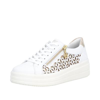 Plateausneaker REMONTE, Damen, Gr. 38, weiß (weiß, goldfarben), Leder, Lederimitat, Schuhe Plateausneaker, Halbschuh, Schnürschuh mit Perforation und seitlichem Reißverschluss