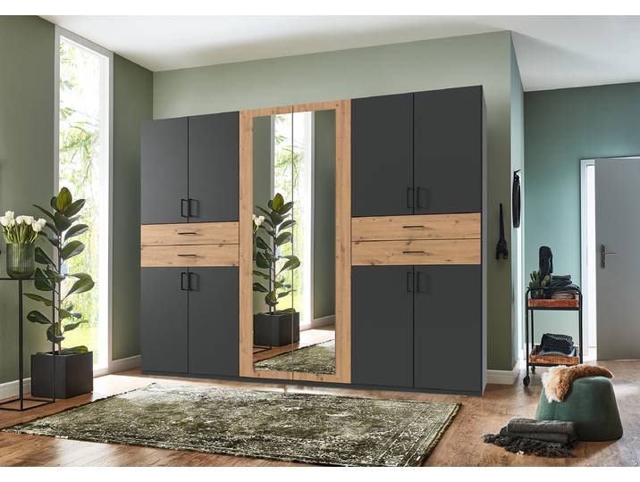 Drehtürenschrank Taiga 270cm Schwarz/Graphit/Eiche Artisan Dekor