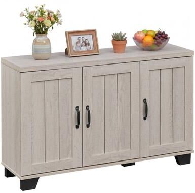 Costway 3-Door Buffet Sideboard with Adjustable Shelves and Anti-Tipping Kits-White Wash