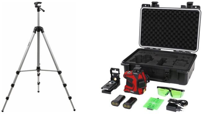 Set STIER Stativ 250 + STIER Kreuzlinienlaser SKL 3x360°, 520nm, grün, 1/4 und 5/8 Gewinde im Koffer
