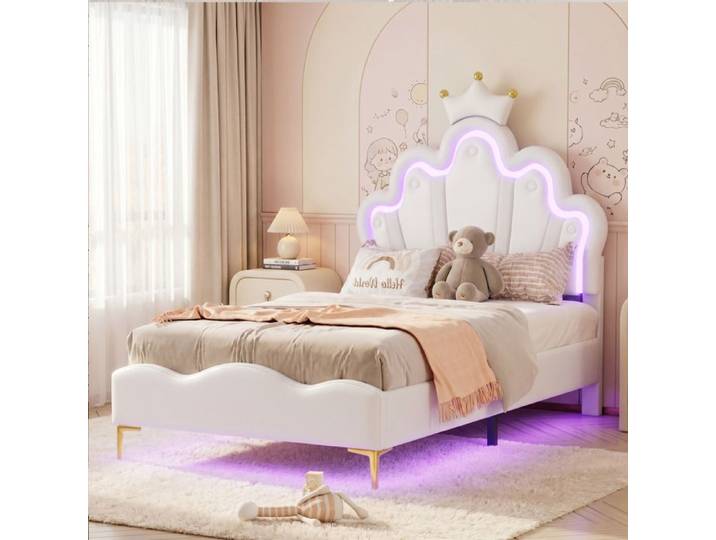 Lit fille 90x190 SORVAGLOS Lit enfant 90x190 cm avec LED Lit princesse en forme de couronne lit simple PU Blanc