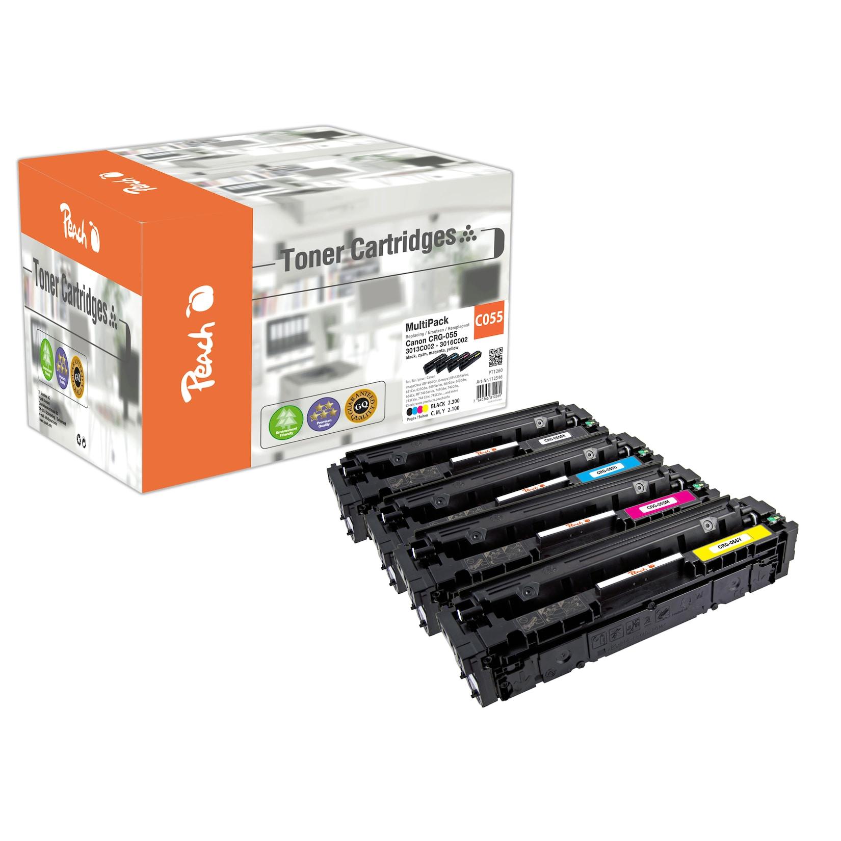 Peach HP 055 4 Toner (bk, c/m/y) ersetzt Canon CRG-055, 3016C002, 3015C002, 3014C002, 3013C002 für z.B. Canon iSENSYS LBP -660 (wiederaufbereitet)