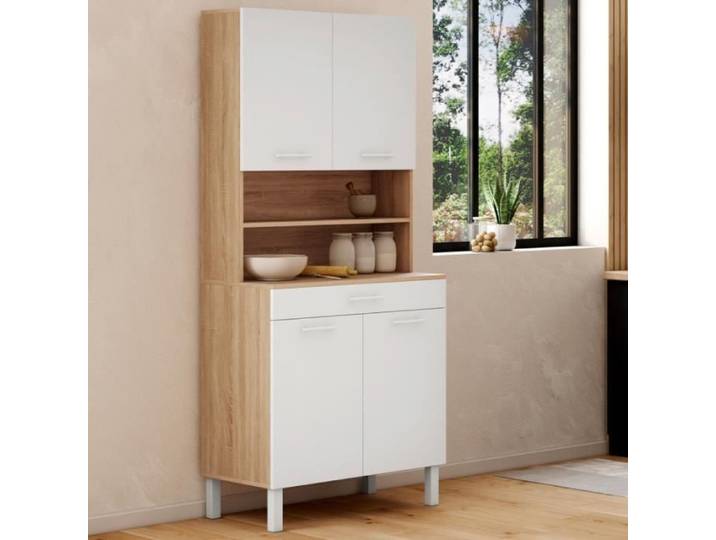 IDMARKET Buffet de cuisine 80 CM CINA 4 portes + tiroir façon hêtre et blanc