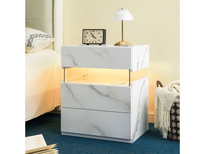 WUVRIE Table de chevet LED 3 tiroirs blanc effet marbre panneau acrylique RGB avec télécommande