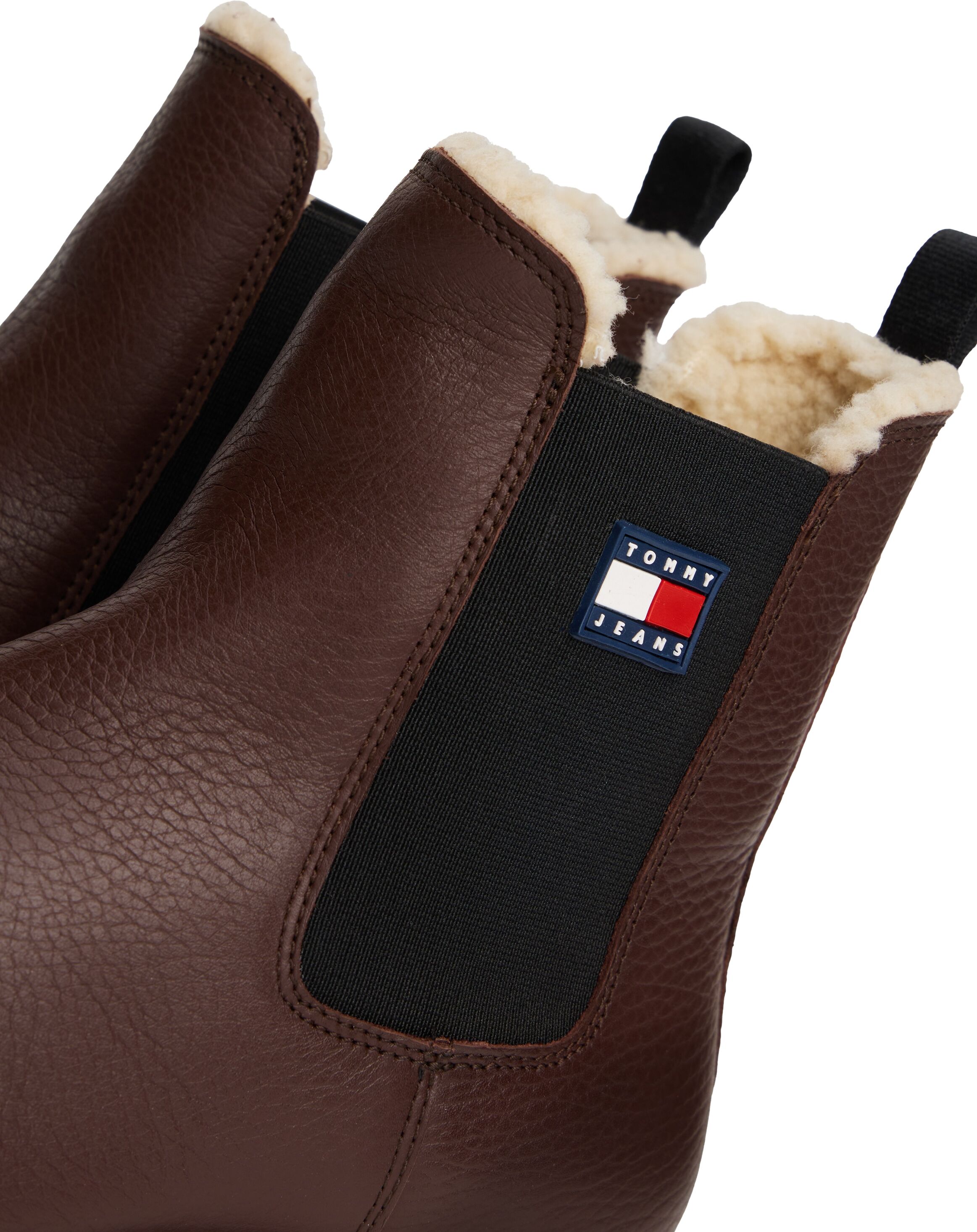 Chelseaboots TOMMY JEANS "TJW CHELSEA BOOT WL", Damen, Gr. 42, Leder Warmfutter, braun (dunkelbraun), Elastischer Einsatz, Leder, unifarben, Schuhe Chelseaboots, Blockabsatz, Stiefelette mit typischer Logoflagge