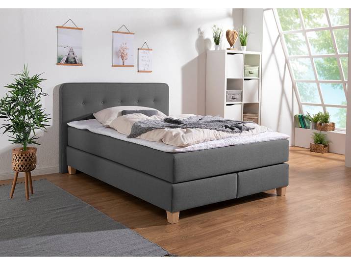 Boxspringbett, Strukturstoff, Anthrazit, 153×207 cm, Inkl. Topper, Modern, Home Affaire
