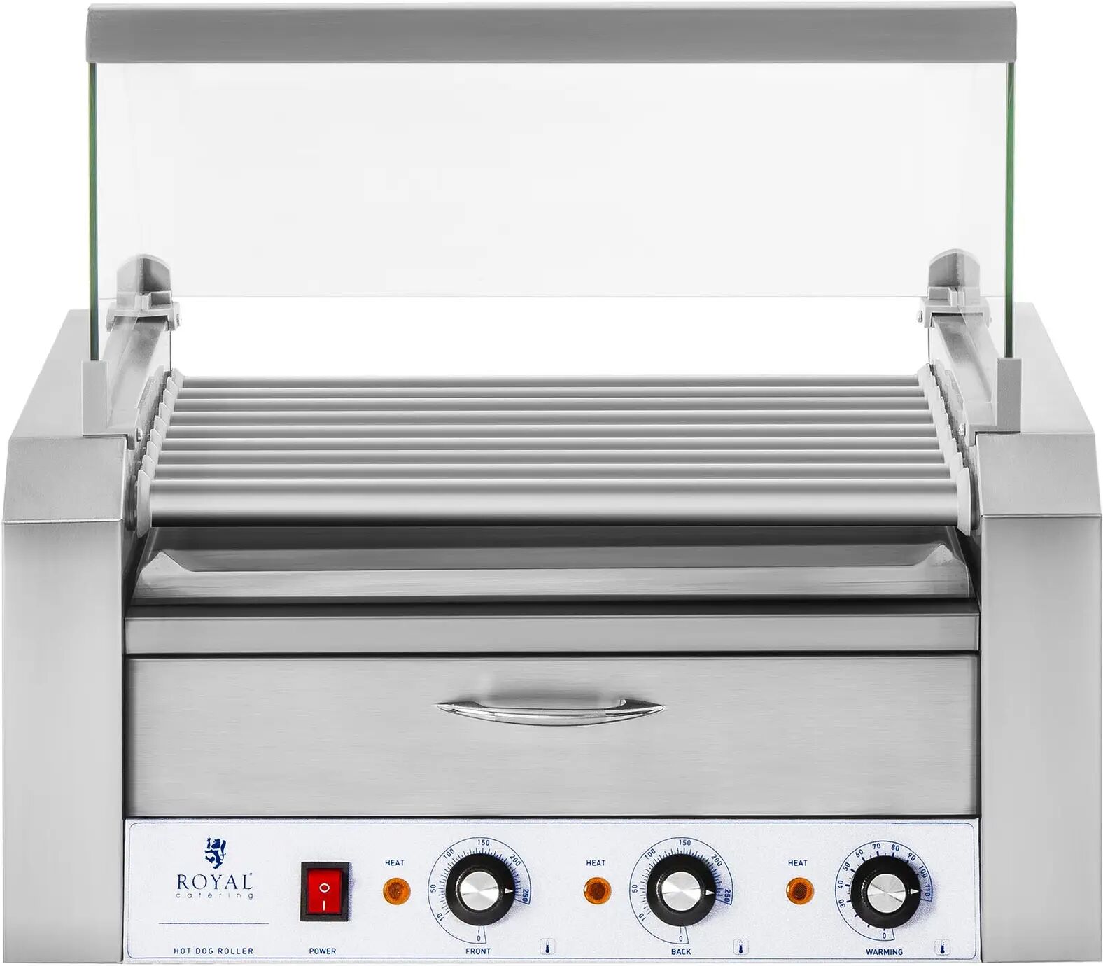 Royal Catering Hot-dog -grilli - 9 rullaa - lämpölokero - ruostumaton teräs RCHG-9WO