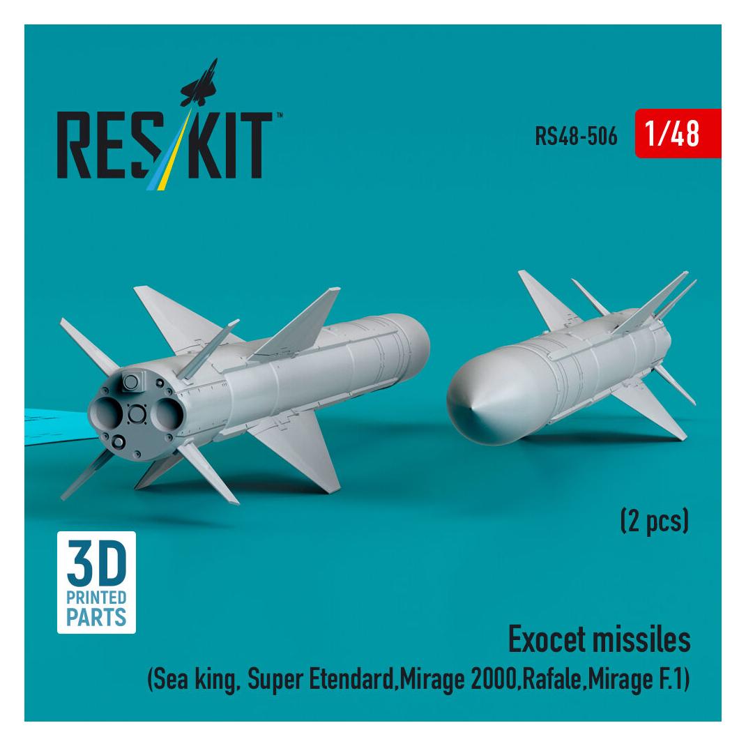 ResKit Exocet missiles (2 pcs) (Sea King, Super Etendard, Mirage 2000, Rafale, Mirage F.1) (3D Printed) (RS48-0506)