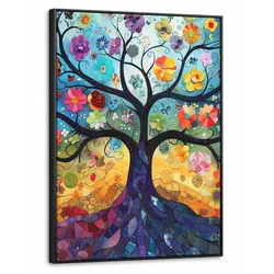 LEINWAND Bilder mit Rahmen - Kunst - Baum des Lebens - Blumen - Hippie - 60x80