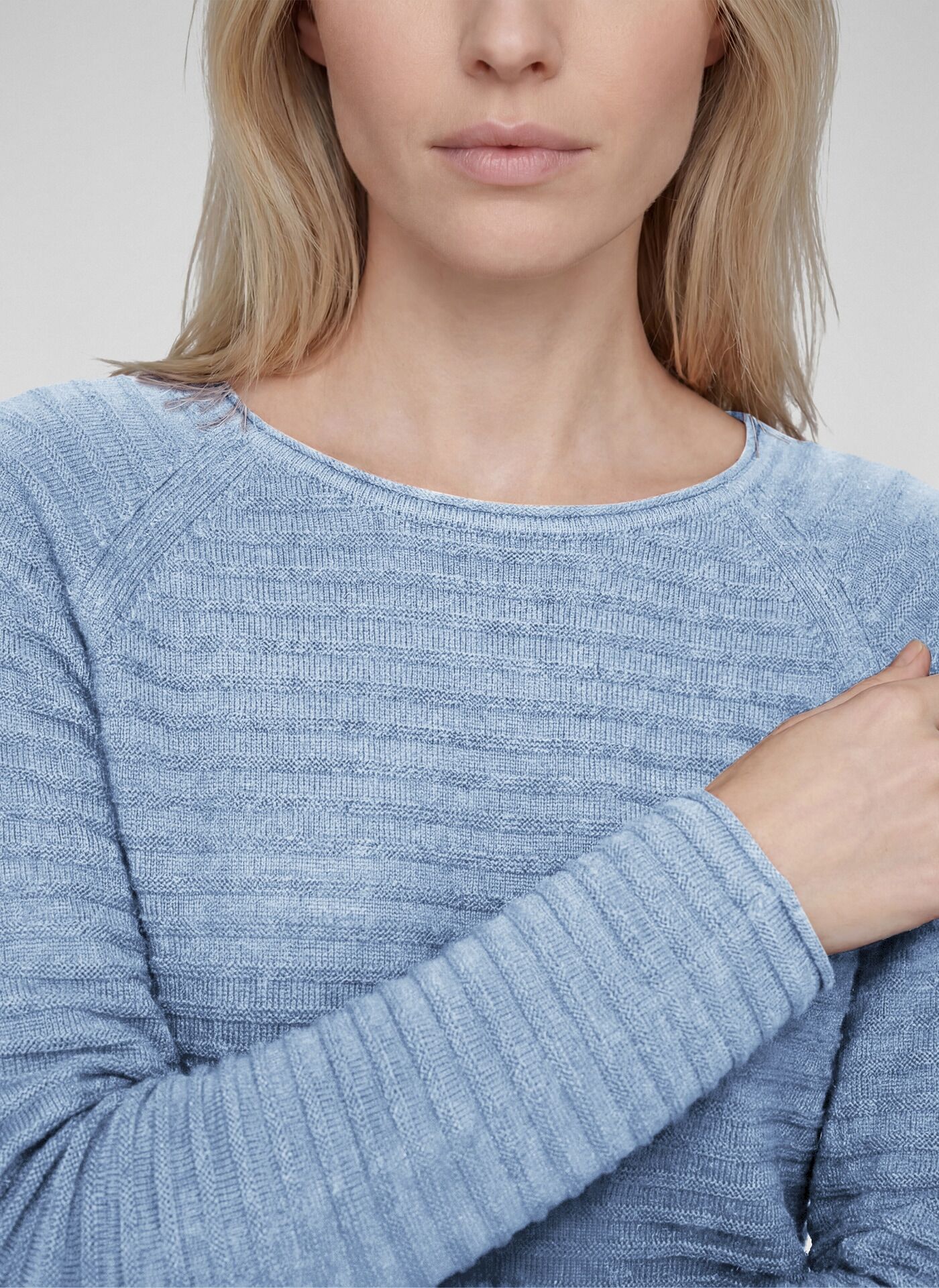 Strickpullover RABE, Damen, Gr. 42, blau (pastellblau), Strick, Obermaterial: 60% Baumwolle, 40% Polyacryl, unifarben, tailliert hüftbedeckend, Rundhals, Rollkante, Pullover Strickpullover pastellblau 42