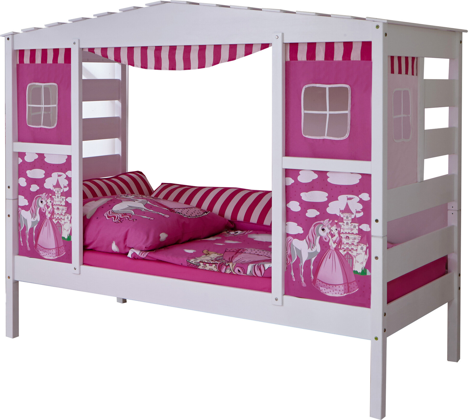 Hausbett Hochbett Spielbett Massivholz Kiefer Weiss Horse Pink