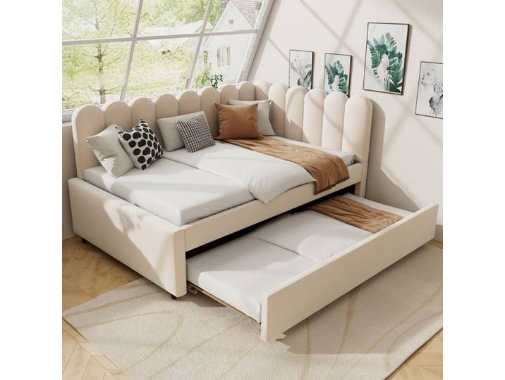 Lit Gigogne 140x200cm Lit de jour Lit plat Lit Banquette rembourré velours Beige dossier fleuri lit gigogne