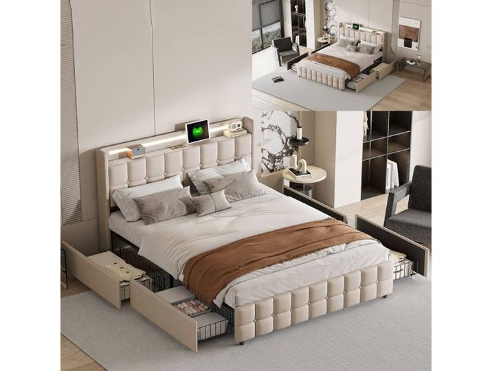 Structure de lit - 180x200 cm - LED - USB - tissu en Lin - cadre de lit adulte - lit adulte 180x200 cm - Beige