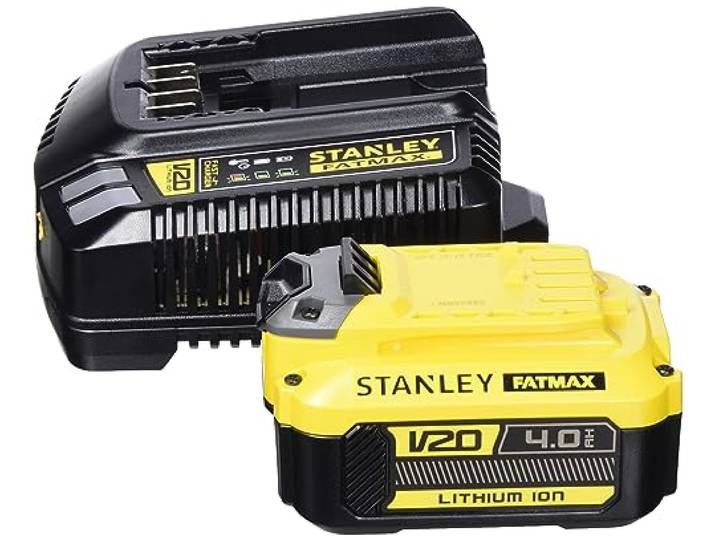 STANLEY FATMAX Kit de Démarrage Batterie 18V V20\, pour Entrer dans le Système de Batterie STANLEY FATMAX V20\, avec x1 Chargeur Rapide (Prise EU) et x1 Batterie Li-ion 4.0 Ah\, ‎SFMCB14M1-QW