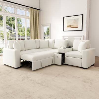 Loedds 120.5-inch 4-Seat Modular Reversible L-Shaped Modern Chenille Sleeper Sectional Sofa with Cup Holders for Living Room