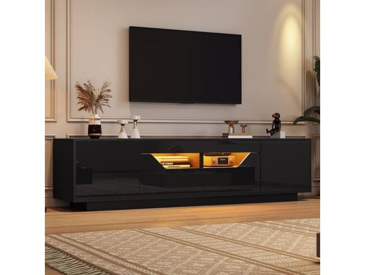 Meuble TV 180x40x45 cm meuble bas avec 2 tiroirs et 2 placards finition brillante avec éclairage LED pour TV 75 pouces noir