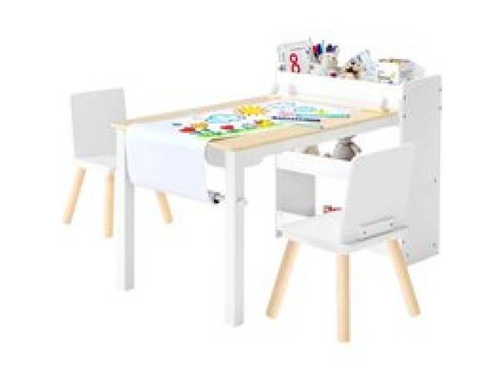 VEVOR Kindertisch mit 2 Stühlen & 3-stöckigem Aufbewahrungsschrank, Maltisch Set zum Lesen Lernen Zeichnen Schreiben, Kindersitzgruppe Kindertagesstätte, Basteltisch Spieltisch Schreibtisch, Weiß