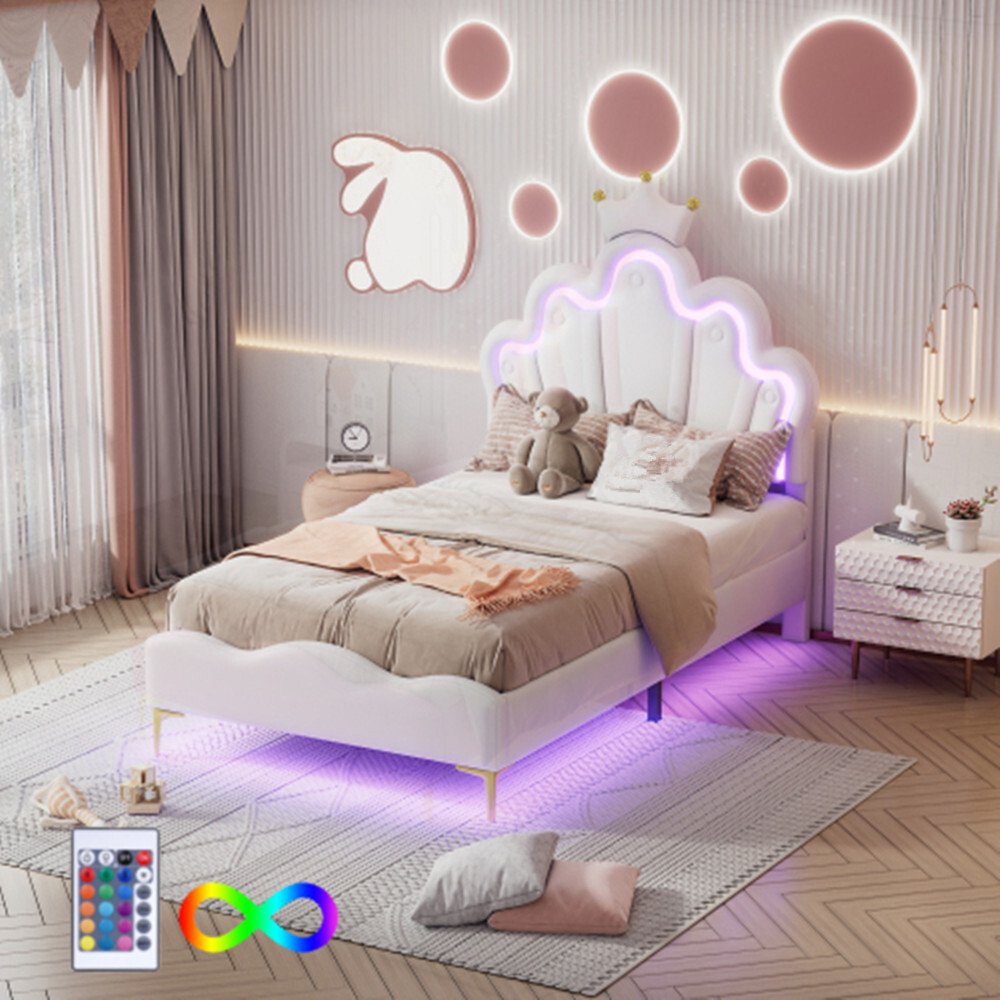Kinderbett,kronenförmiges bett, bett mit verstellbarer LED-Umgebungslichtstreifen, 90*200cm