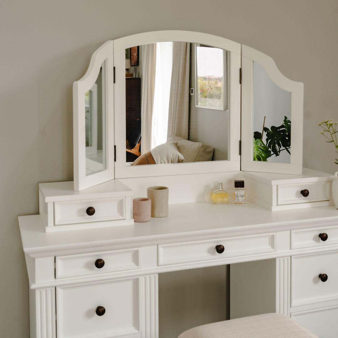 Marlow Home Co. Solid Wood Arch Freestanding and Mounts to Dresser Vanity Mirror White 60cm H X 105.5cm W X 2cm D