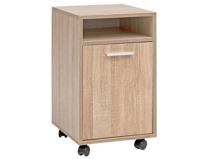 WOHNLING Caisson à roulettes 33x38x60 cm Sonoma avec Porte et Étagère caisson de bureau 2 compartiments à porte\, caisson de bureau petit sur roulettes\, meuble à tiroirs pour bureau et télétravail