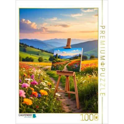 CALVENDO Puzzle Sommerblumen und Staffelei im Feld | 1000 Teile Lege-Größe 64x48cm Foto-Puzzle für glückliche Stunden