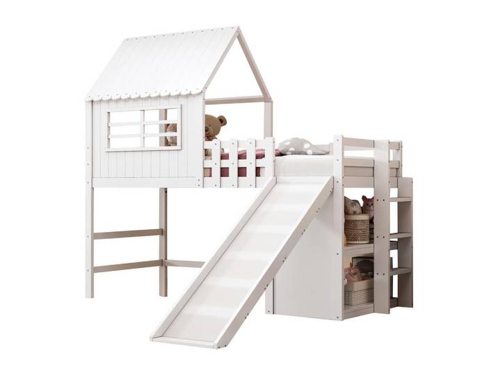 Okwish Hochbett 90/200 cm Weiß Dachboden-Design mit Rutsche und Stauraum, Holz, 90x200 cm, Babymöbel & Kindermöbel, Kinderzimmer & Jugendzimmer, Kinderbetten, Hochbetten