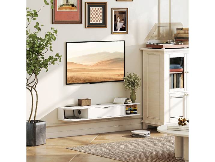 HOMCOM Meuble TV Suspendu 120 cm Blanc avec Tiroir et Étagères