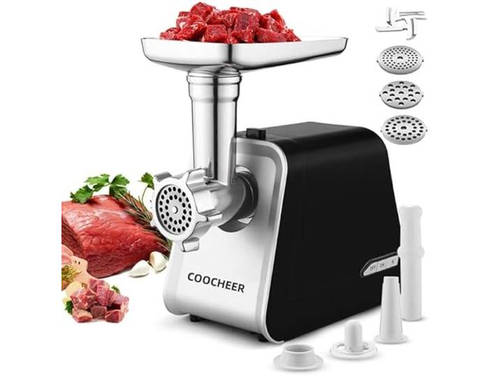 COOCHEER Elektrischer Fleischwolf 2000W Professional, 3-in-1 Multizerkleinerer mit Wurstfüller, Spritzgebäck-Aufsatz & Kebbe-Vorsatz, Edelstahl Fleischmaschine mit 3 Mahlscheiben