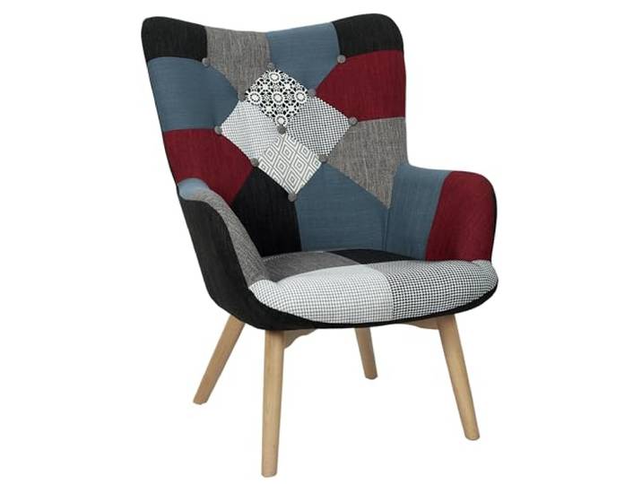 HOME DECO FACTORY Fauteuil Scandinave en Tissu Patchwork Pieds Hévéa Noir Bois d'hévéa et tissu\, fauteuil scandinave\, motif patchwork\, pieds inclinés\, salon\, 72x80x99 cm\, noir multicolore