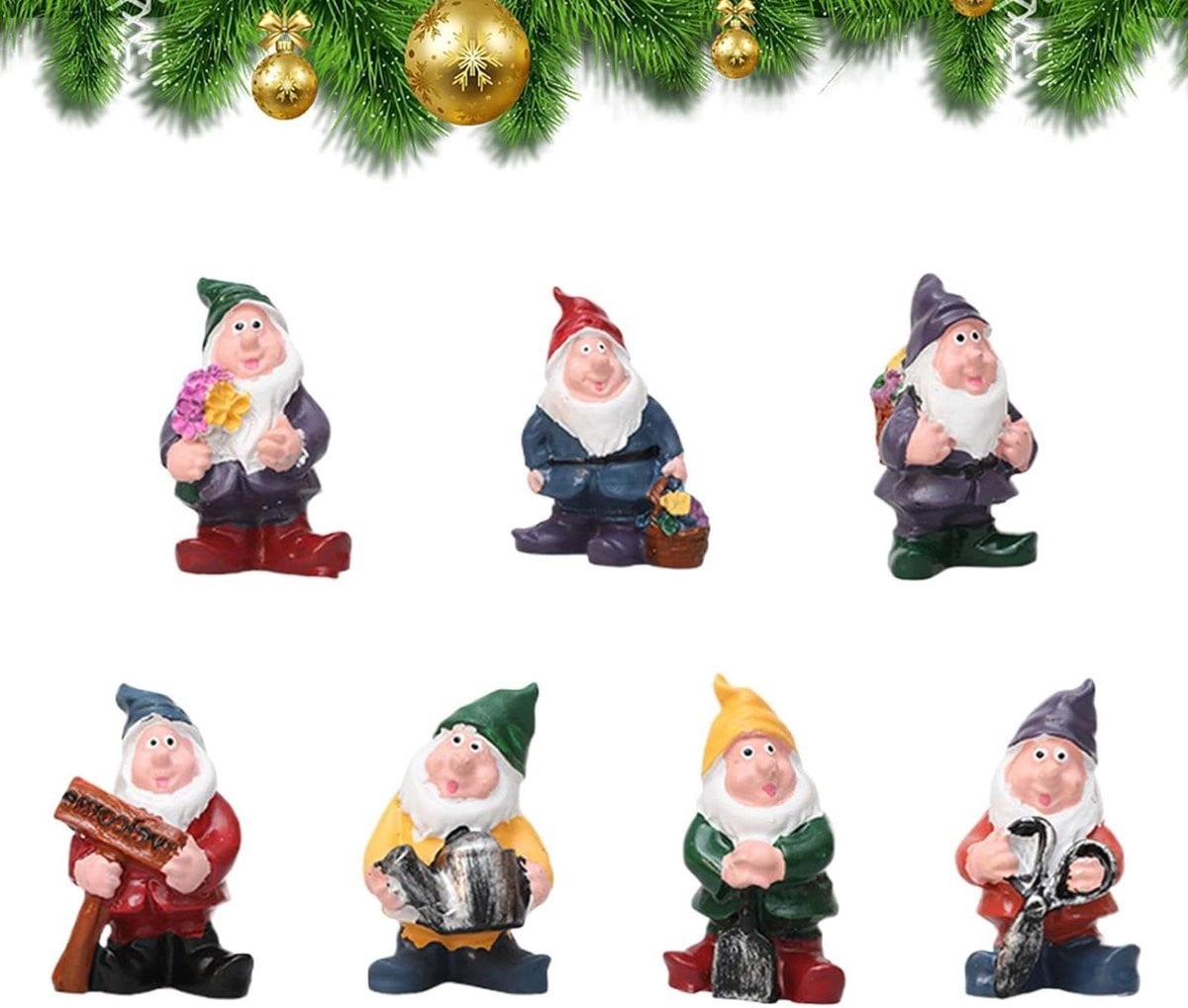 Set van 7 handgeschilderde kabouter beeldjes voor decoratie van je tafelblad