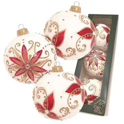 Krebs Glas Lauscha Kugeln Rot-goldener Weihnachtsstern, Weiß Satin, 8cm