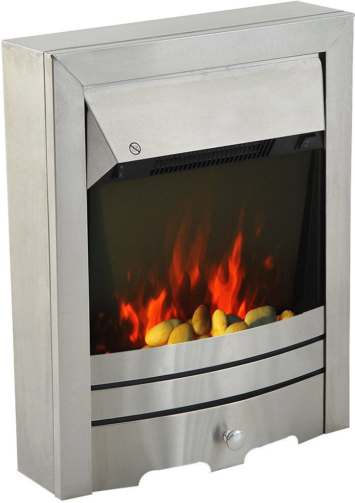 Symple Stuff Symple Electric Fireplace Stainless Steel 2KW Heater LED Fire Flame Silver Stainless Steel 48cm W X 16cm D