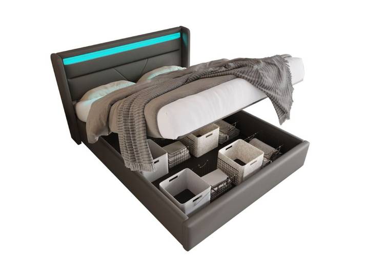 ULEVR Lit coffre relevable 160 x 200 cm en PU gris tête de lit LED avec télécommande sommier à lattes