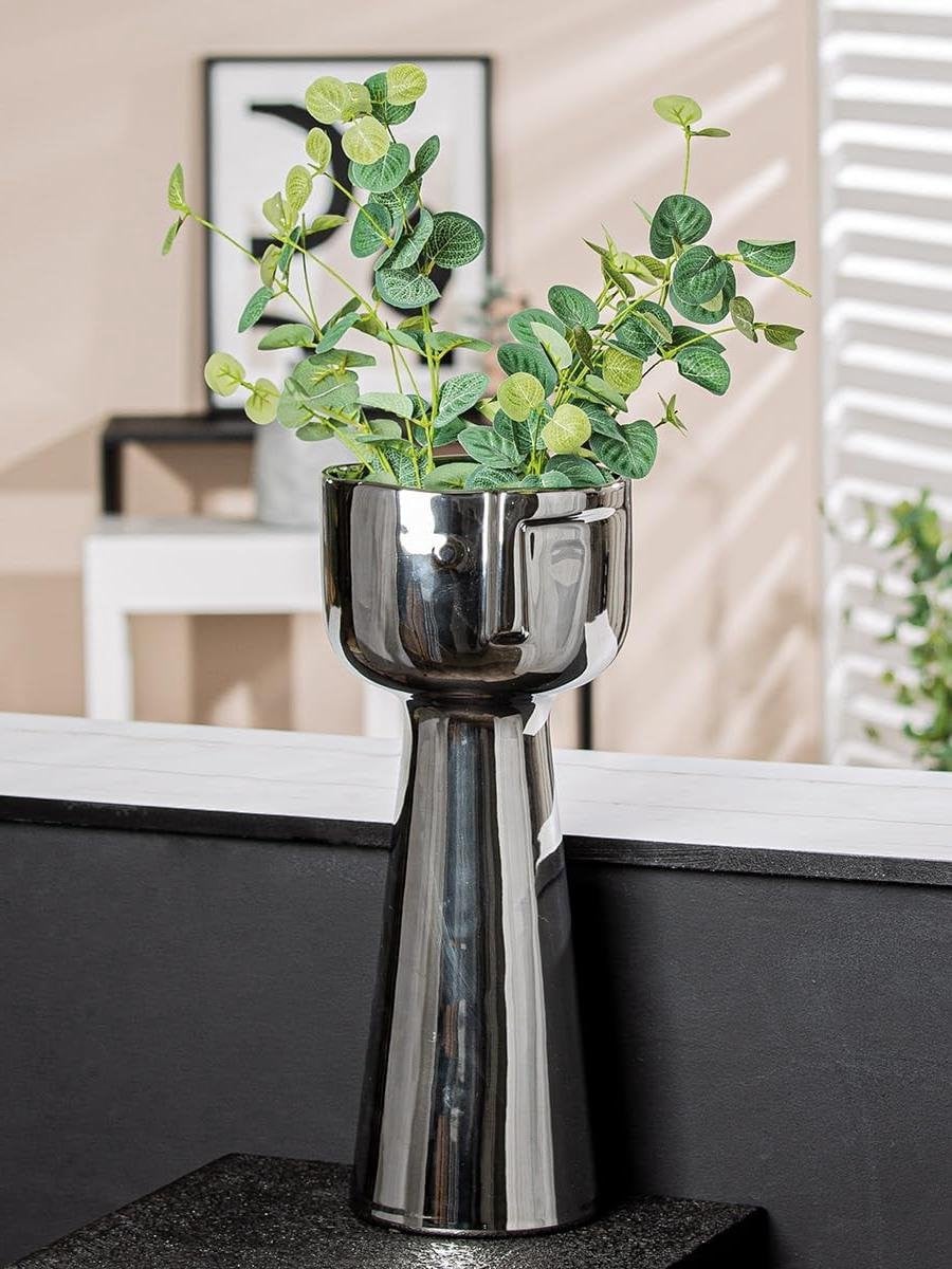 Zilver geglazuurde decoratieve gezichtsvaas voor bloemen, Hoogte: 45,5 cm