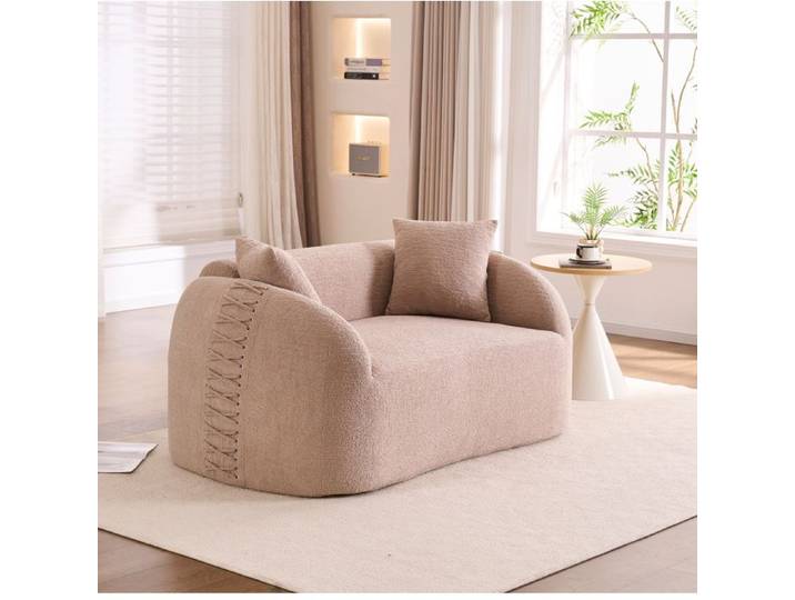 Canapé 2 places incurvé compressé en chenille crème abricot avec 2 coussins