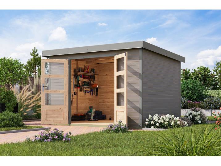 Gartenhaus KARIBU Jupiterino 5, in verschiedenen Farben , wassergrau, graualuminium, ohne Fußboden, Blechdach, Massivholz, Gartenhäuser, Gartenhaus