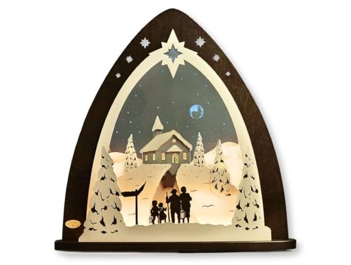 weigla - LED Lichterspitze original Erzgebirge I Motiv Bergkapelle I LED Lichterbogen Weihnachten I Größe 52 x 53,5 x 9 cm I beleuchtete Weihnachtsdeko innen I aus Holz