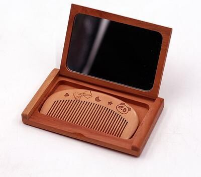 Fusion Finds Portable Makeup Mirror & Wooden Comb Mirror Set Foldable Peachwood Travel Compact a