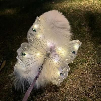 Inspire Curations Glow Butterfly Wings Harness Costume For Small Dogs & Cats (Adjustable, Glow Dots) white