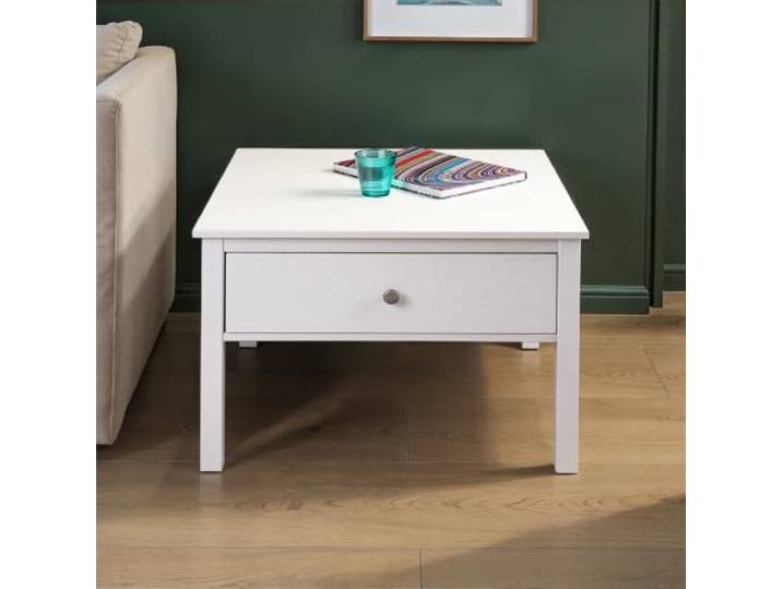 Inter Link Couchtisch aus Kiefer Massivholz mit Schublade – Wohnzimmertisch – Robuster Sofatisch mit Einer Schublade – Lackierte Oberfläche – Massivholz Couchtisch für Wohnzimmer weiß lackiert